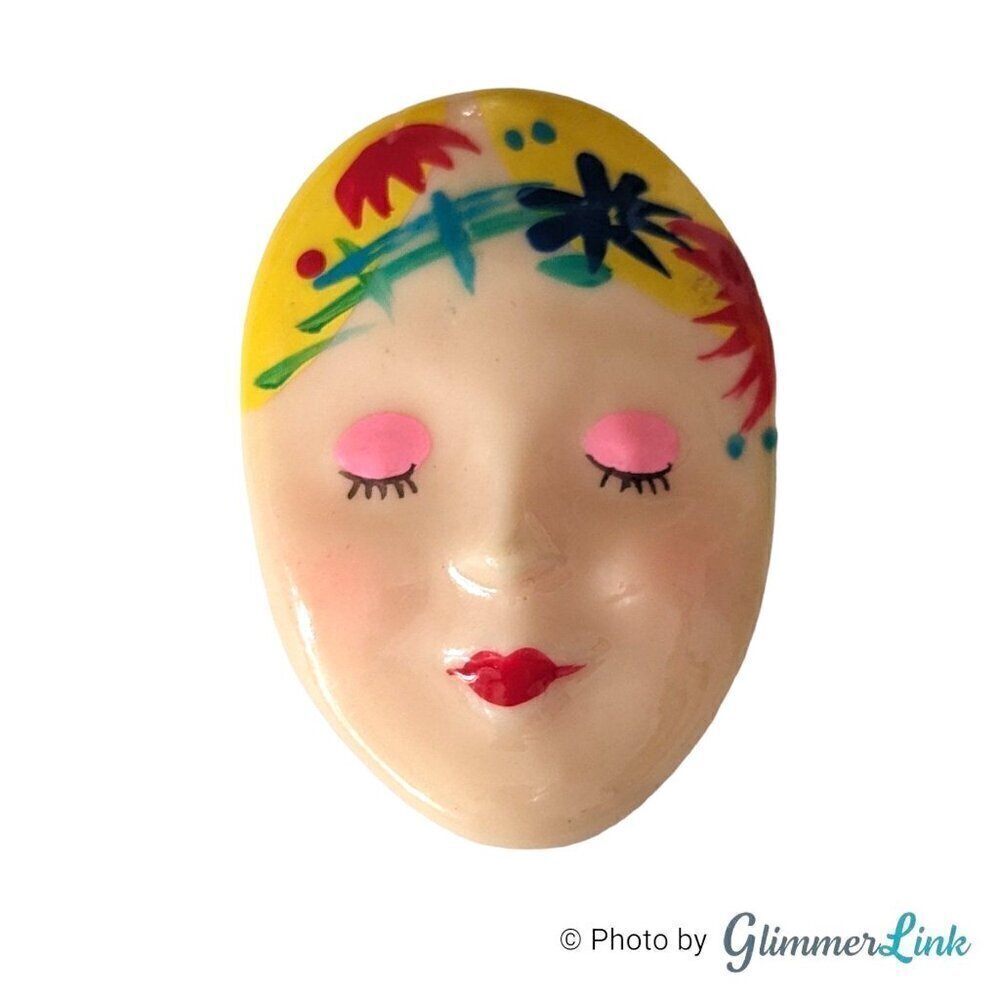 Vintage 80s Hand Painted Flapper Lady Face Brooch